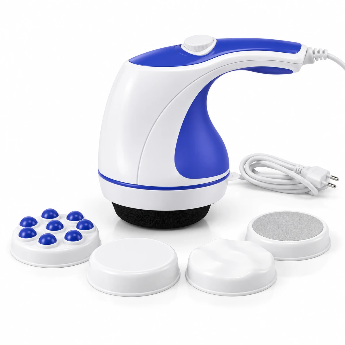 Massageador orbital branco e azul com fio e quatro discos